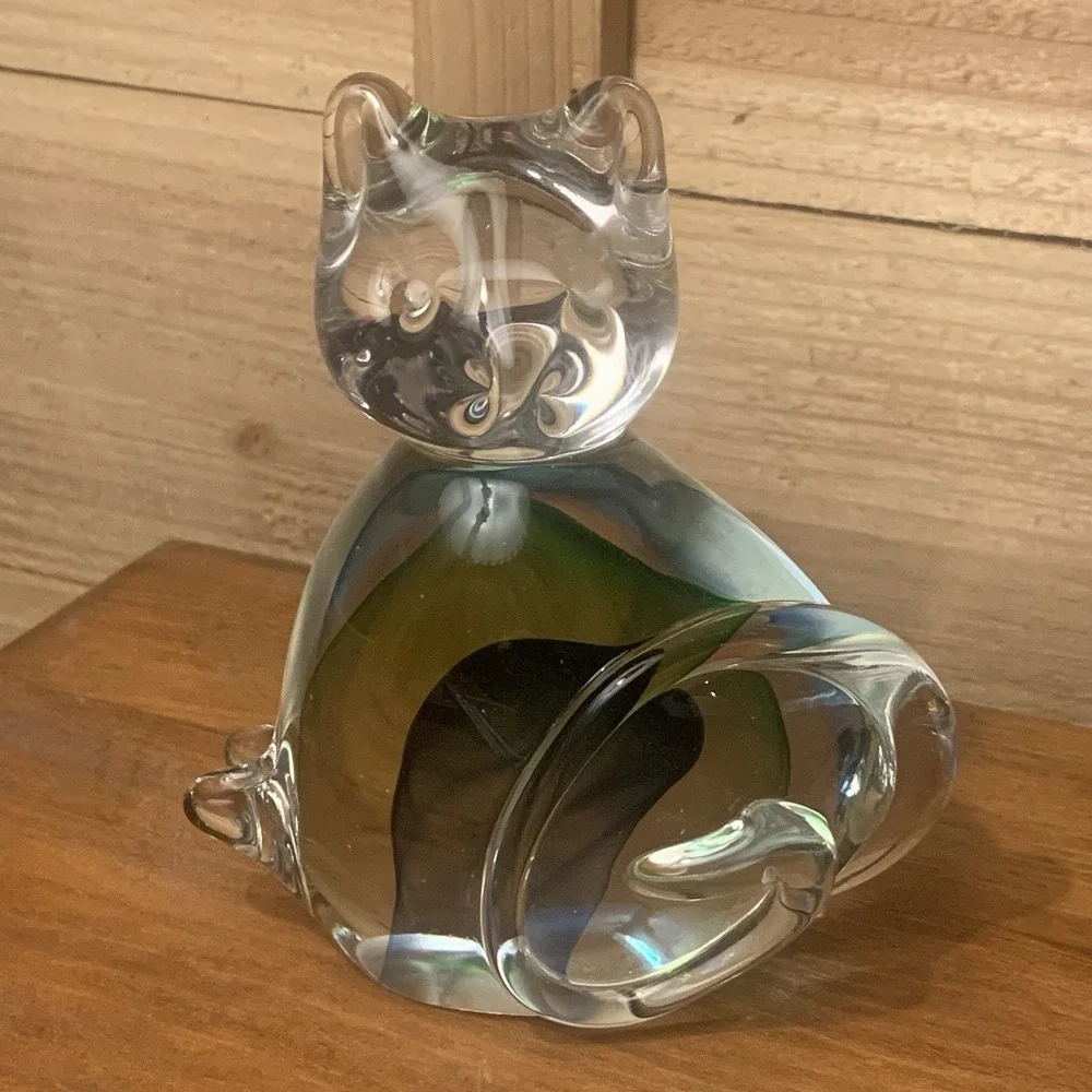Pier‎ 1 Art Glass Cat Kitten Figurine w Clear Blue Green Hand-blown Paperweight